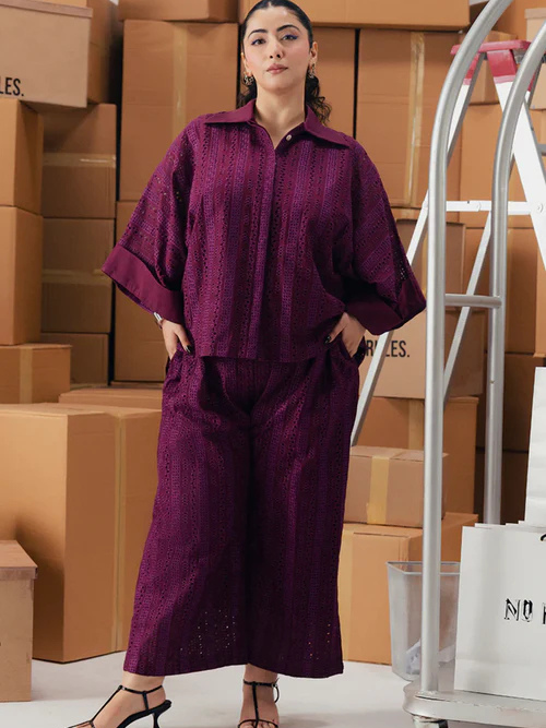 Mushq No Boundaries Burgundy Cotton 2 Piece Embroidered Co Ord Set